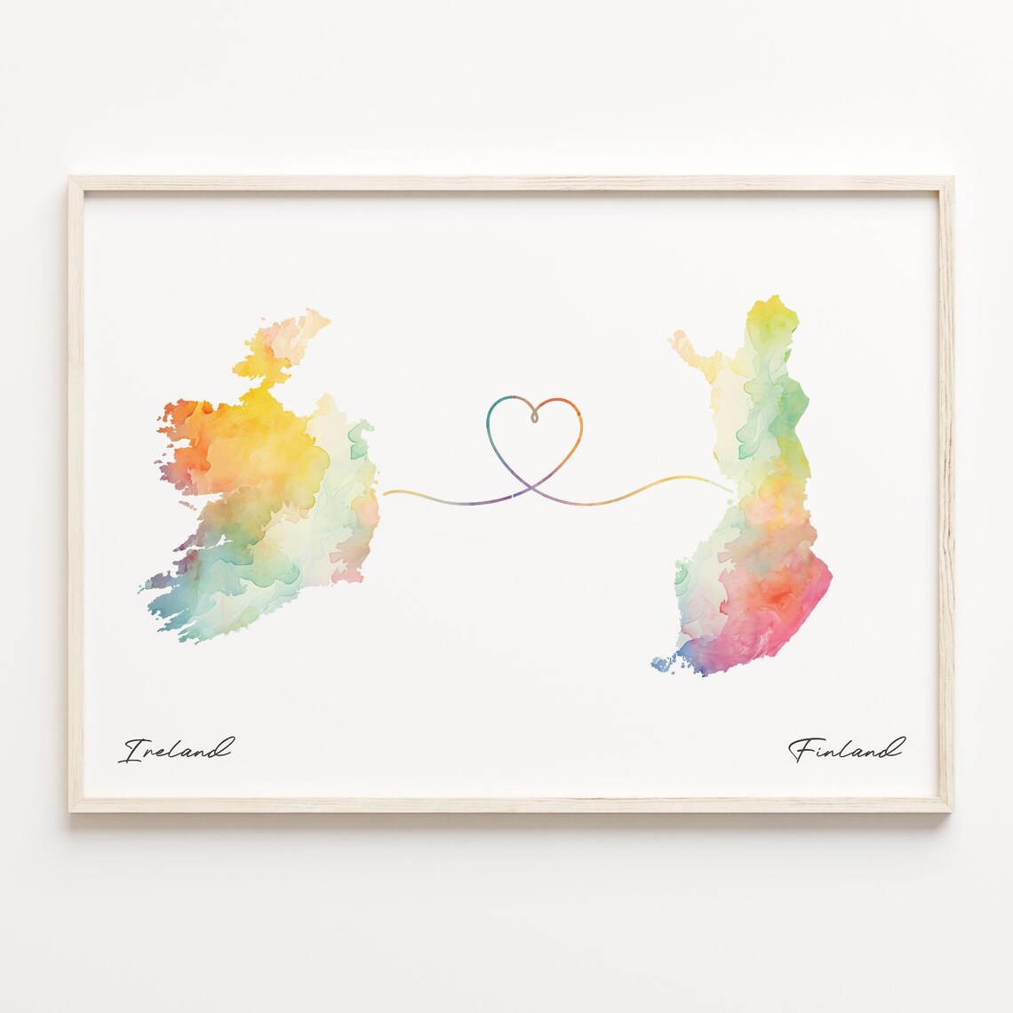 Ireland To Finland Watercolor Map Heart Line Connection Poster