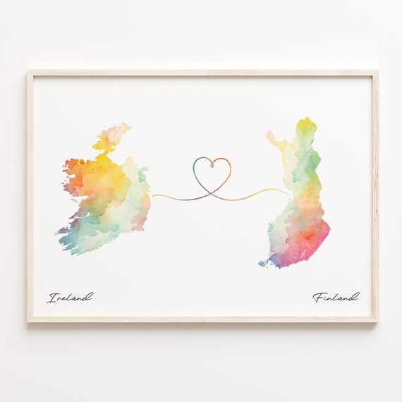Ireland To Finland Watercolor Map Heart Line Connection Poster