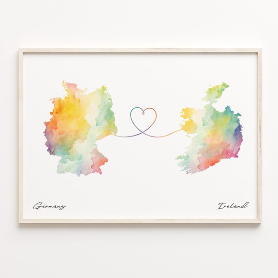 Germany To Ireland Watercolor Map Art With Heart Connection Poster