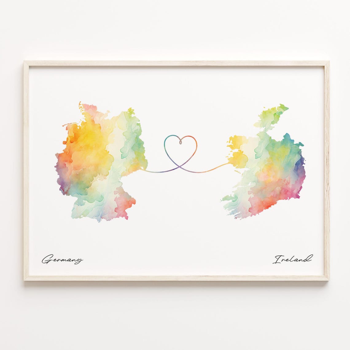 Germany To Ireland Watercolor Map Art With Heart Connection Poster