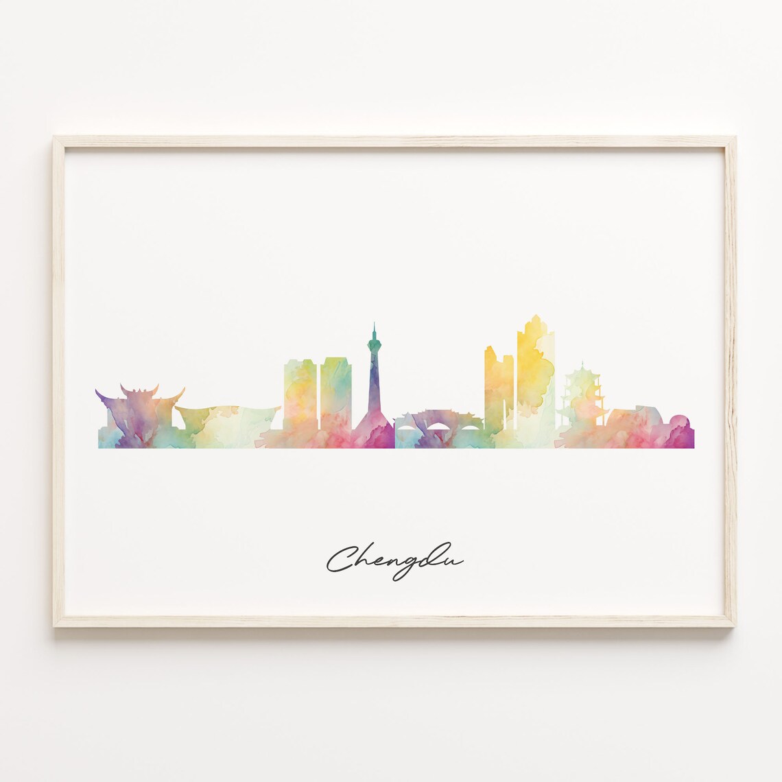 Chengdu China Colorful Watercolor Skyline Cityscape Travel Poster