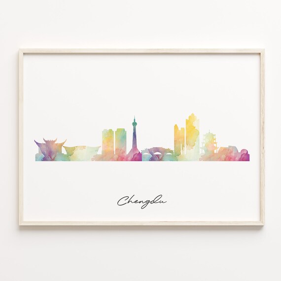 Chengdu China Colorful Watercolor Skyline Cityscape Travel Poster