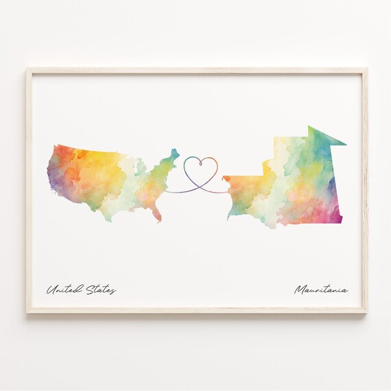 United States To Mauritania Watercolor Map Poster With Heart Love Gift