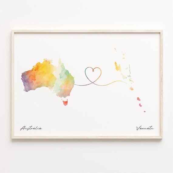 Australia To Vanuatu Watercolor Map Heart Connection Gift Art Poster