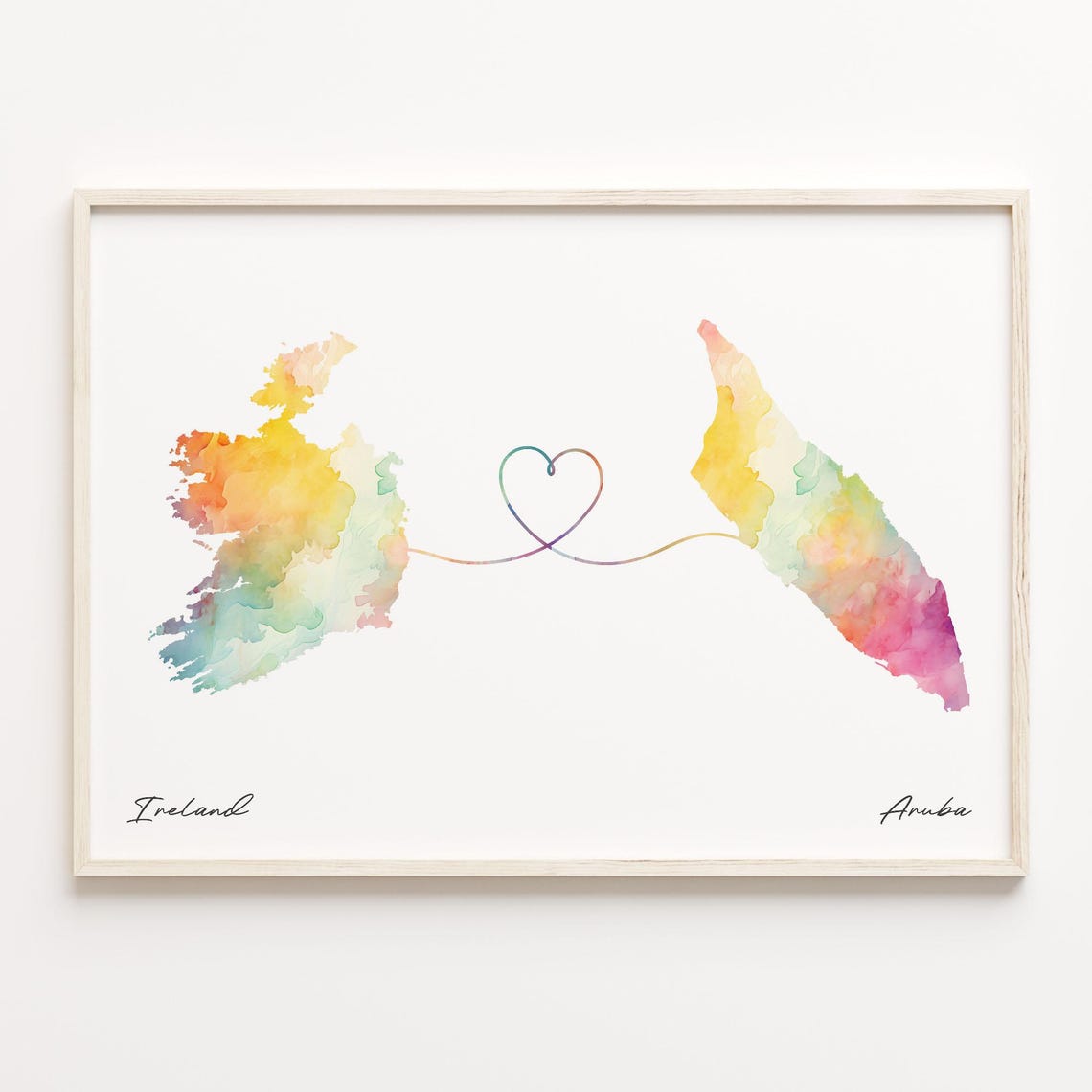 Ireland and Aruba Watercolor Heart Map Connection Gift Poster