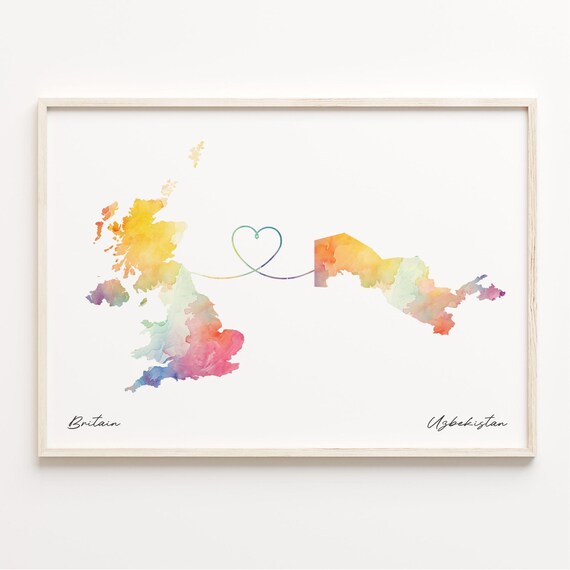 Britain Uzbekistan Watercolor Map Print Heart Connection Gift Keepsake