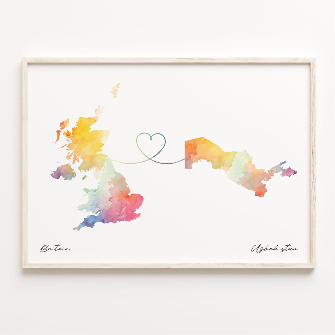 Britain Uzbekistan Watercolor Map Print Heart Connection Gift Keepsake