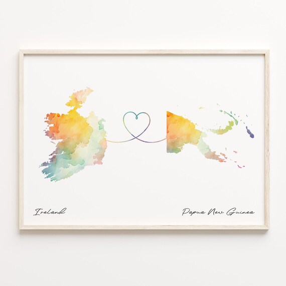 Ireland To Papua New Guinea Watercolor Map Heart Connection Travel Poster