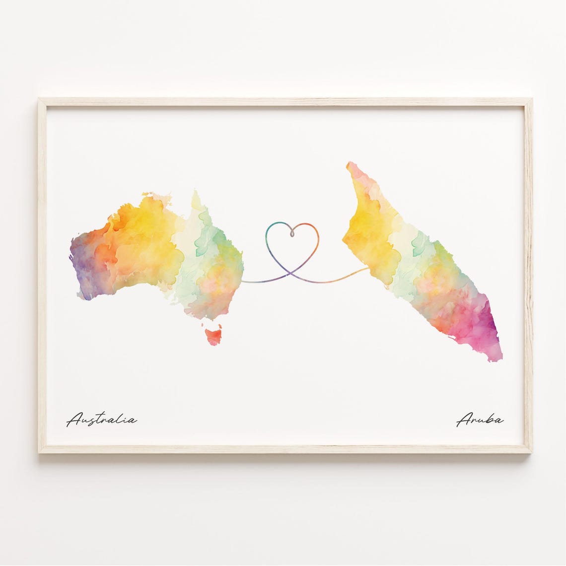 Australia to Aruba Watercolor Map Heart Connection Art Print