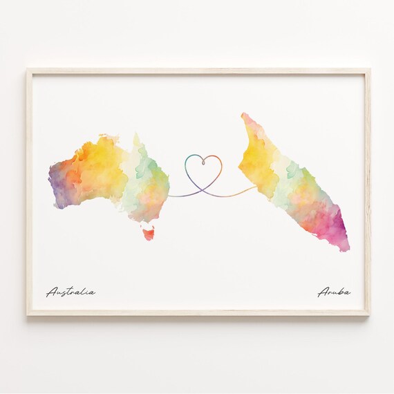 Australia to Aruba Watercolor Map Heart Connection Art Print