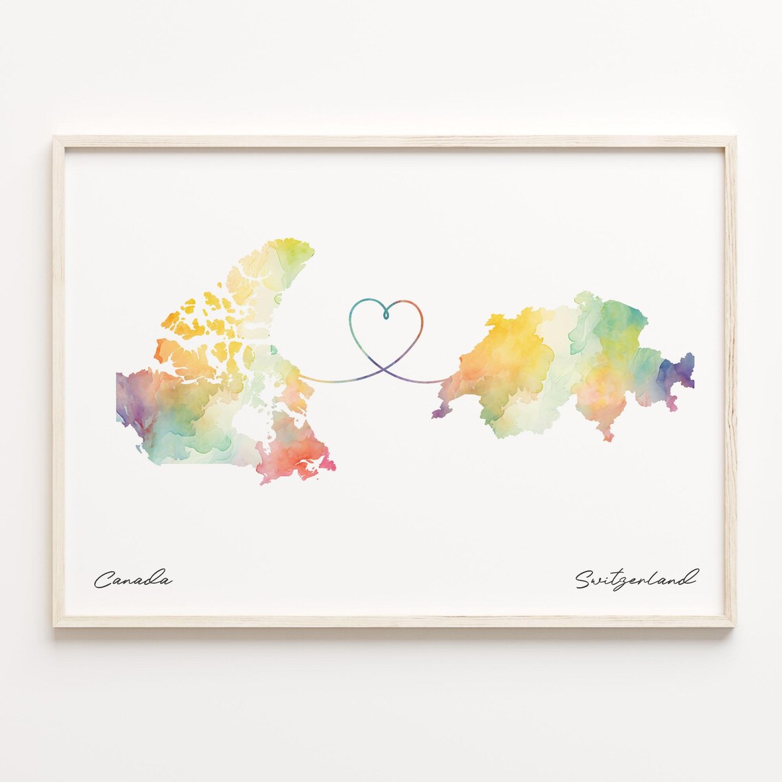 Canada To Switzerland Romantic Watercolor Love Map Heart Poster