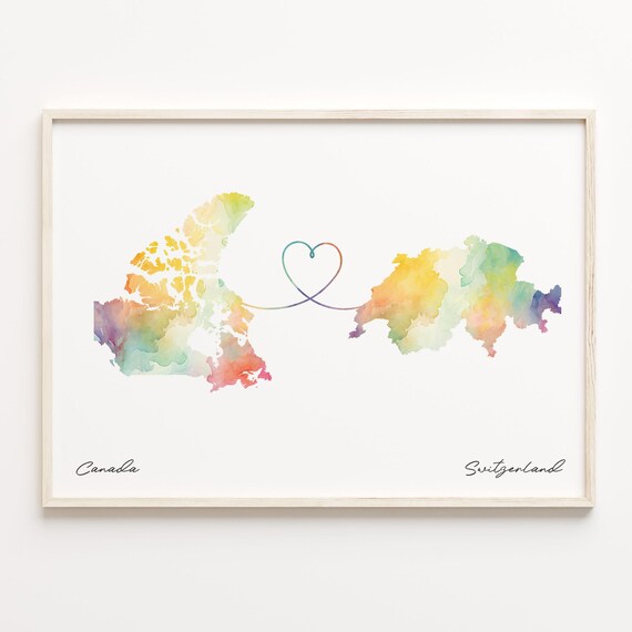 Canada To Switzerland Romantic Watercolor Love Map Heart Poster