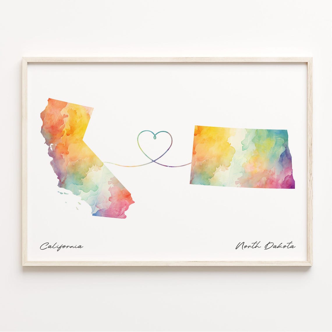 California to North Dakota Watercolor Map Heart Connection Poster