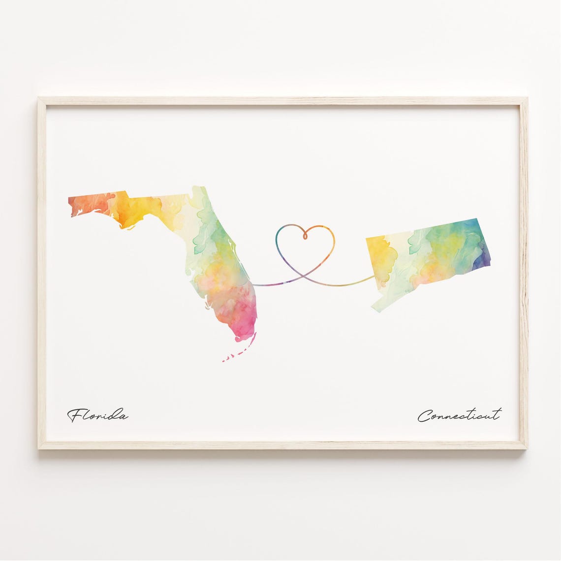Florida To Connecticut Watercolor Heart Map Long Distance Love Poster