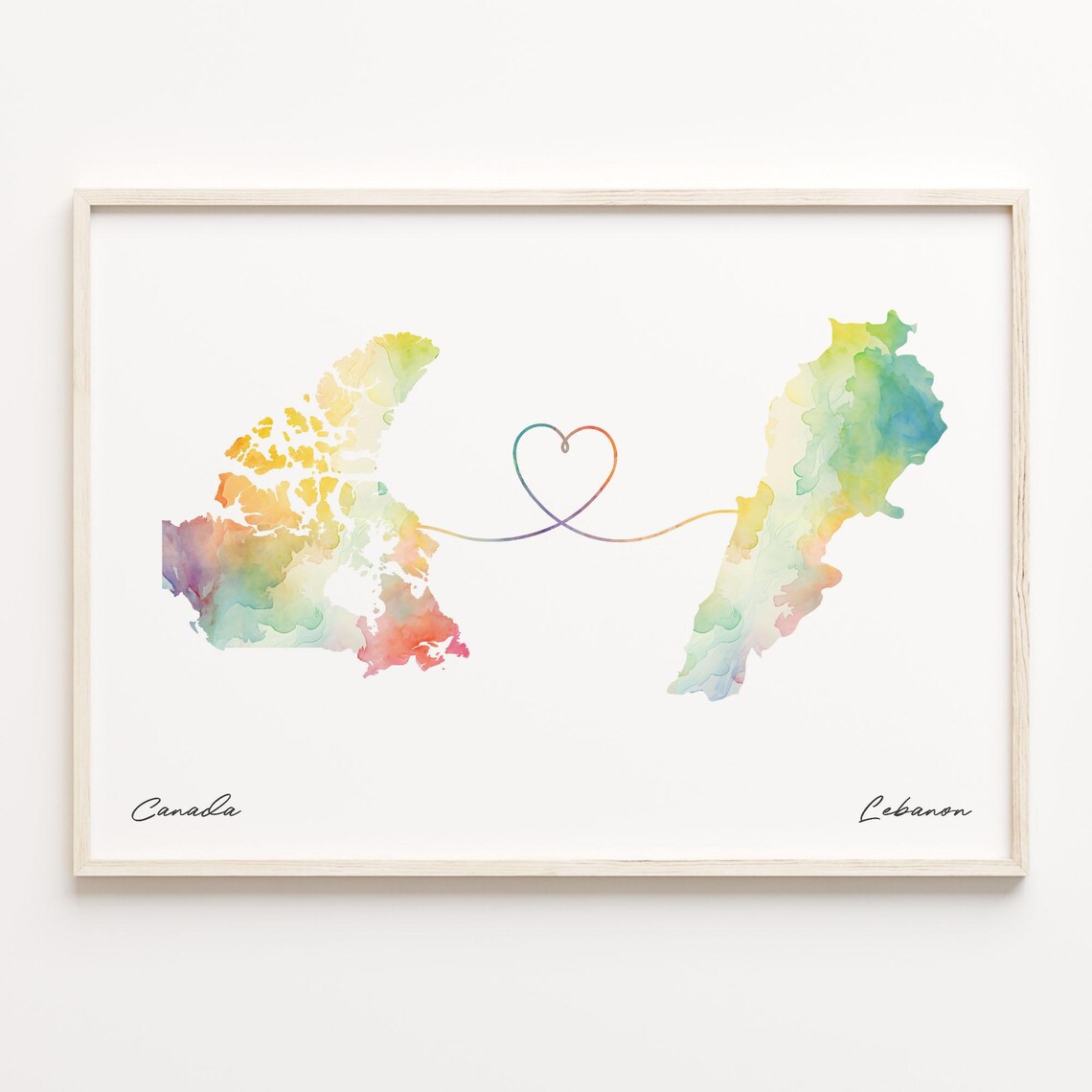 Canada To Lebanon Watercolor Map Heart Connection Gift Poster