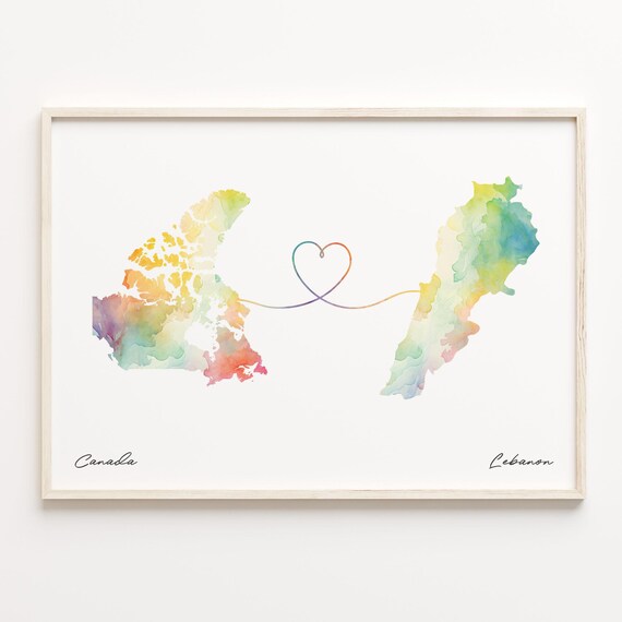 Canada To Lebanon Watercolor Map Heart Connection Gift Poster