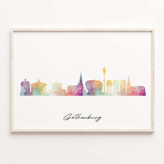 Gothenburg Sweden Watercolor Skyline Poster Minimalist Cityscape Art