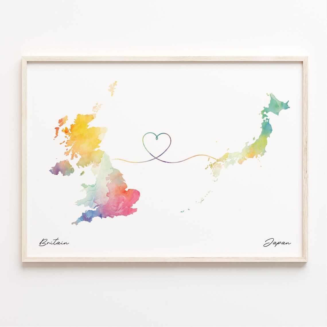 Britain Japan Watercolor Heart Map Long Distance Love Poster
