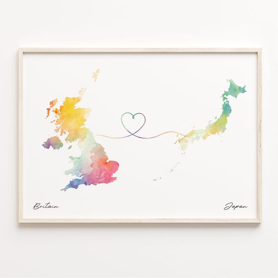 Uk To Japan Print Watercolor Map Poster Japanese Gift United Kingdom Wall Art Adventure Awaits C23290