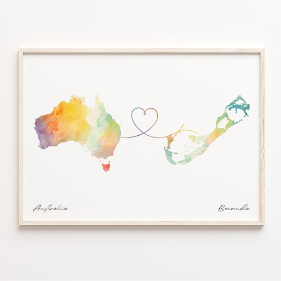 Australia to Bermuda Watercolor Heart Map Long Distance Love Poster
