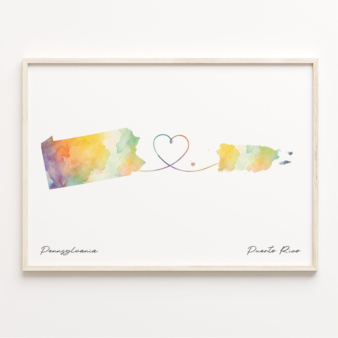 Pennsylvania to Puerto Rico Watercolor Map Heart Wall Art Gift