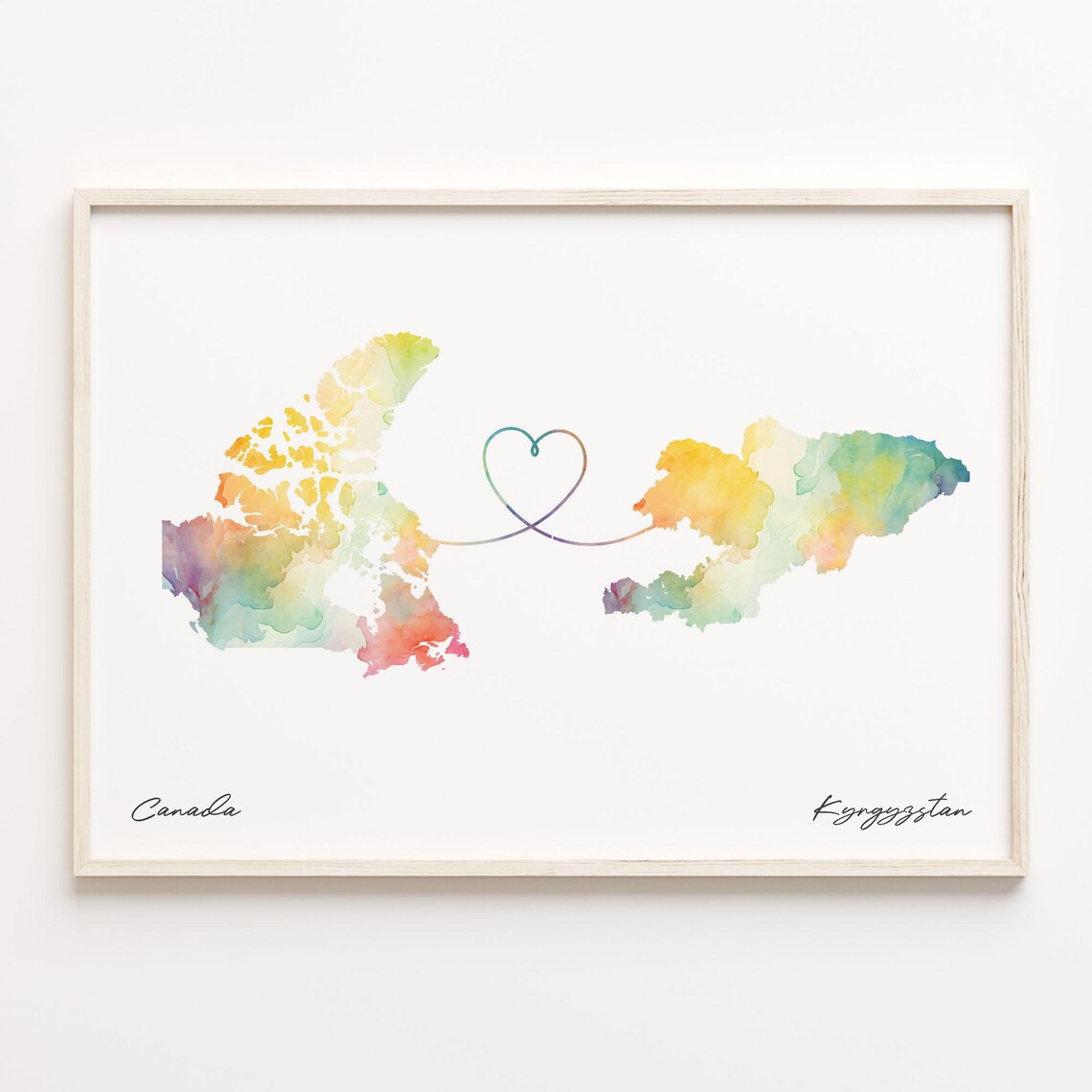 Canada to Kyrgyzstan Love Heart Watercolor Map Long Distance Poster