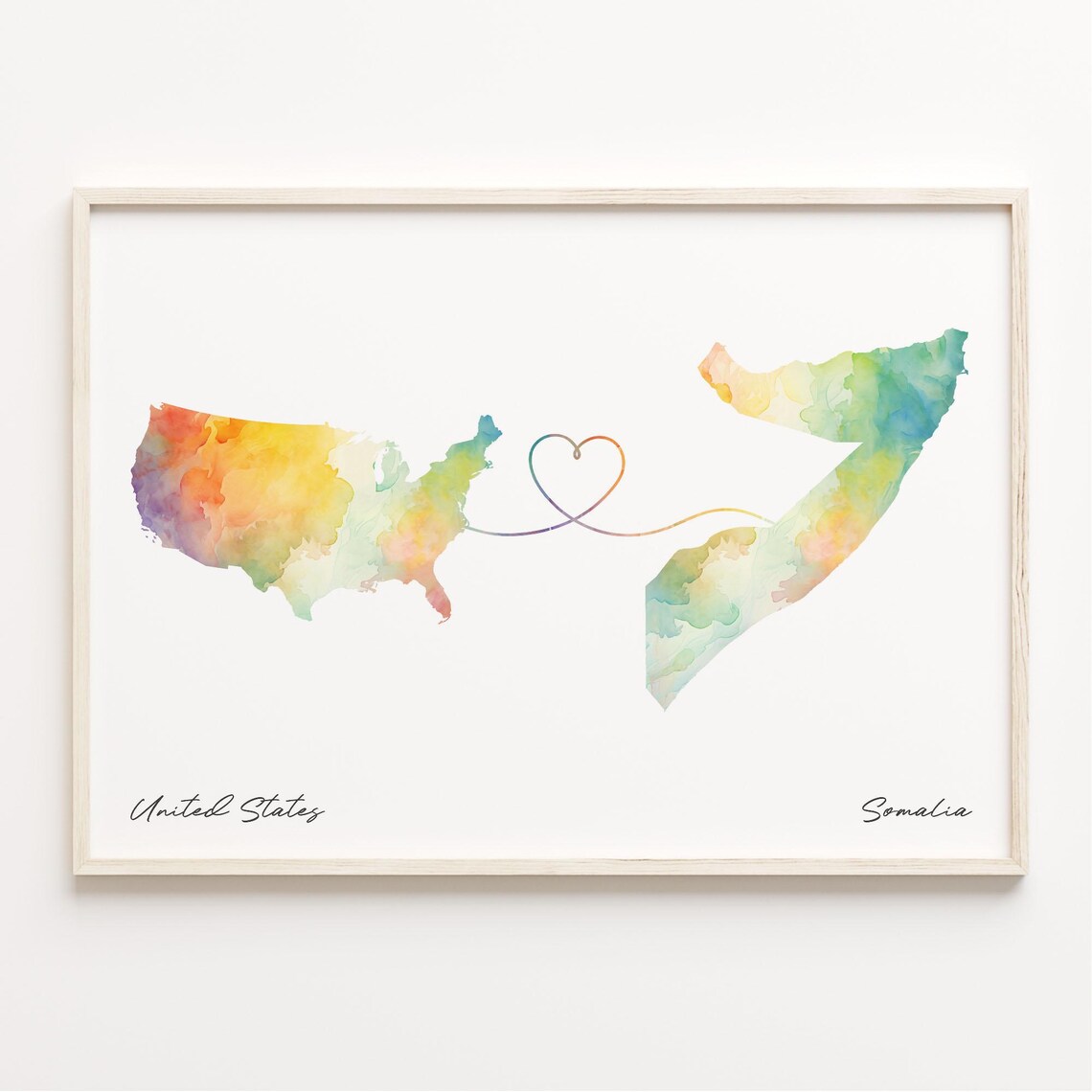 United States Somalia Watercolor Map Heart Connection Wall Art