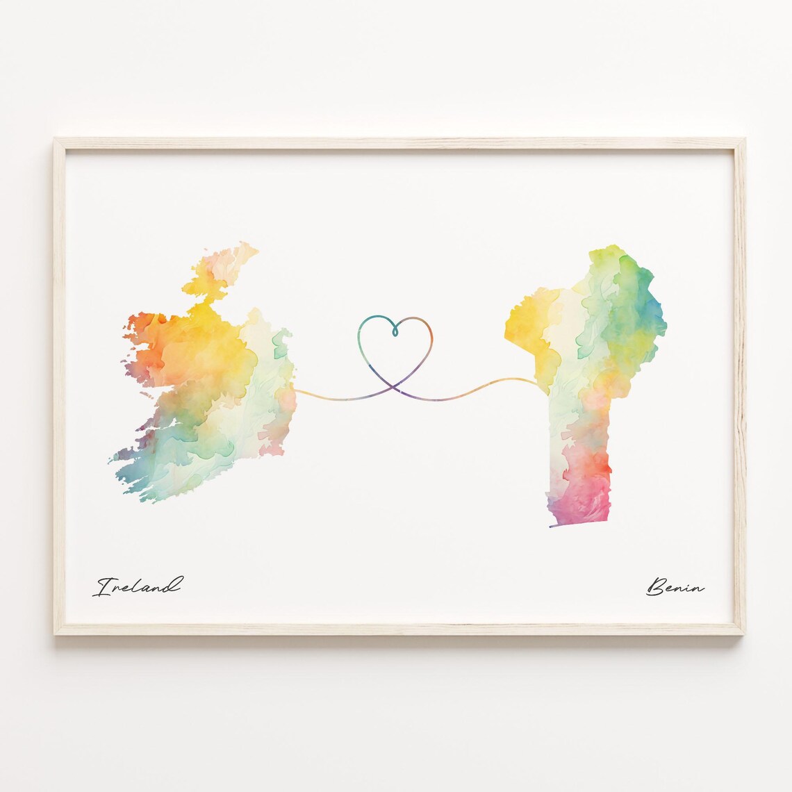 Ireland To Benin Watercolor Map Heart Connection Love Poster