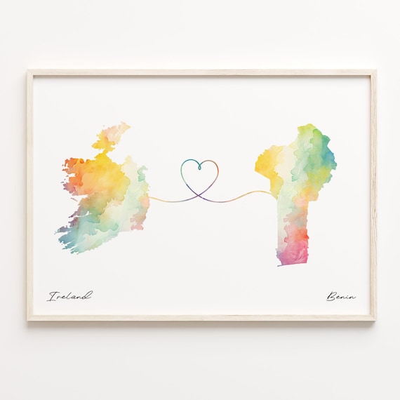 Ireland To Benin Watercolor Map Heart Connection Love Poster