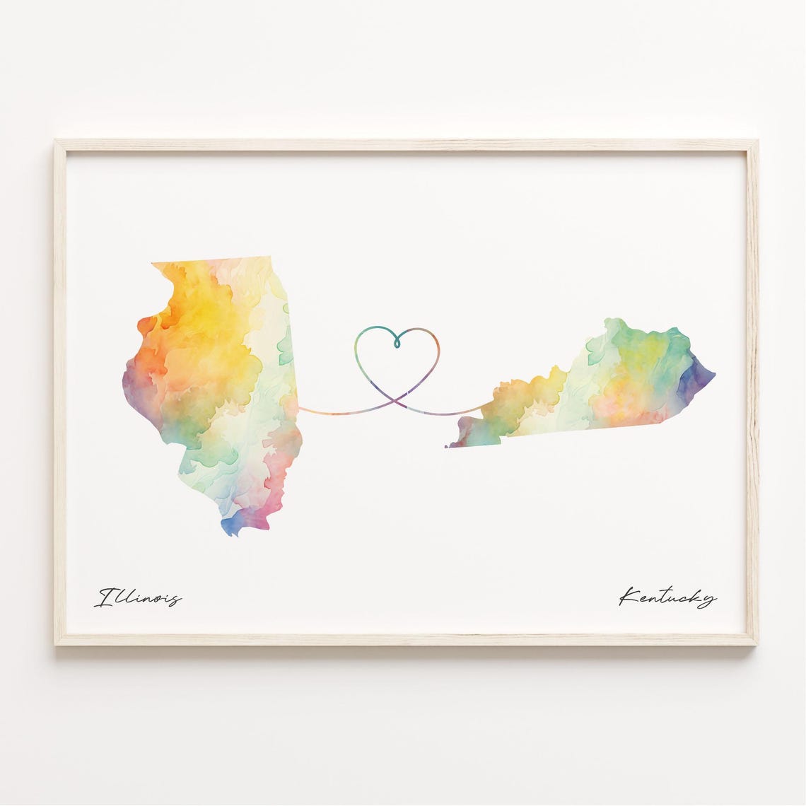 Illinois To Kentucky Watercolor Map With Heart Love Line Poster