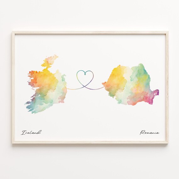 Ireland To Romania Watercolor Countries Heart Map Connection Art Print