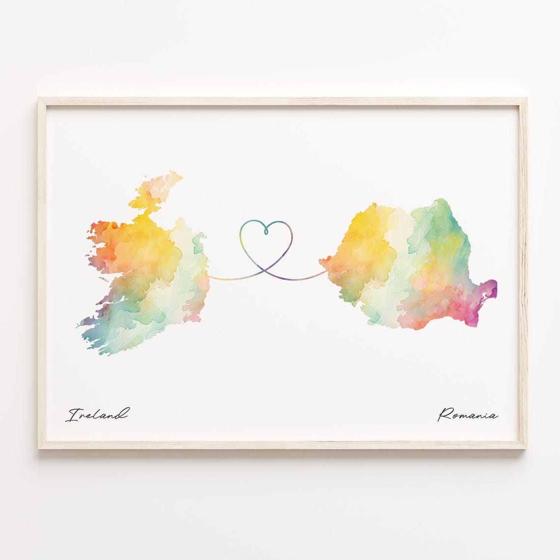 Ireland To Romania Watercolor Countries Heart Map Connection Art Print