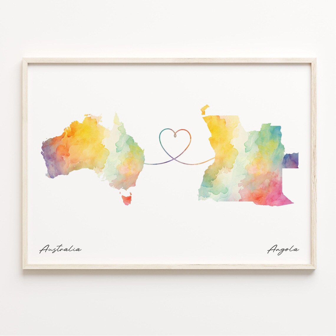 Australia To Angola Watercolor Map Heart Line Connection Travel Poster