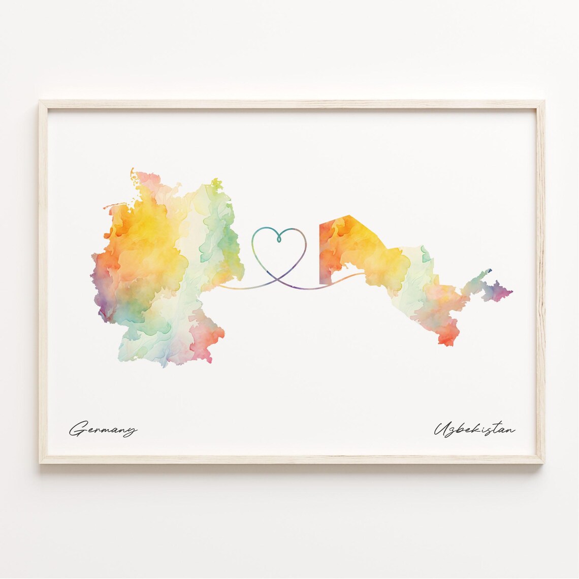 Germany Uzbekistan Watercolor Heart Map Long Distance Love Gift Wall Art