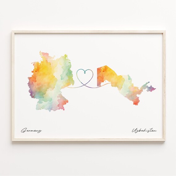Germany Uzbekistan Watercolor Heart Map Long Distance Love Gift Wall Art