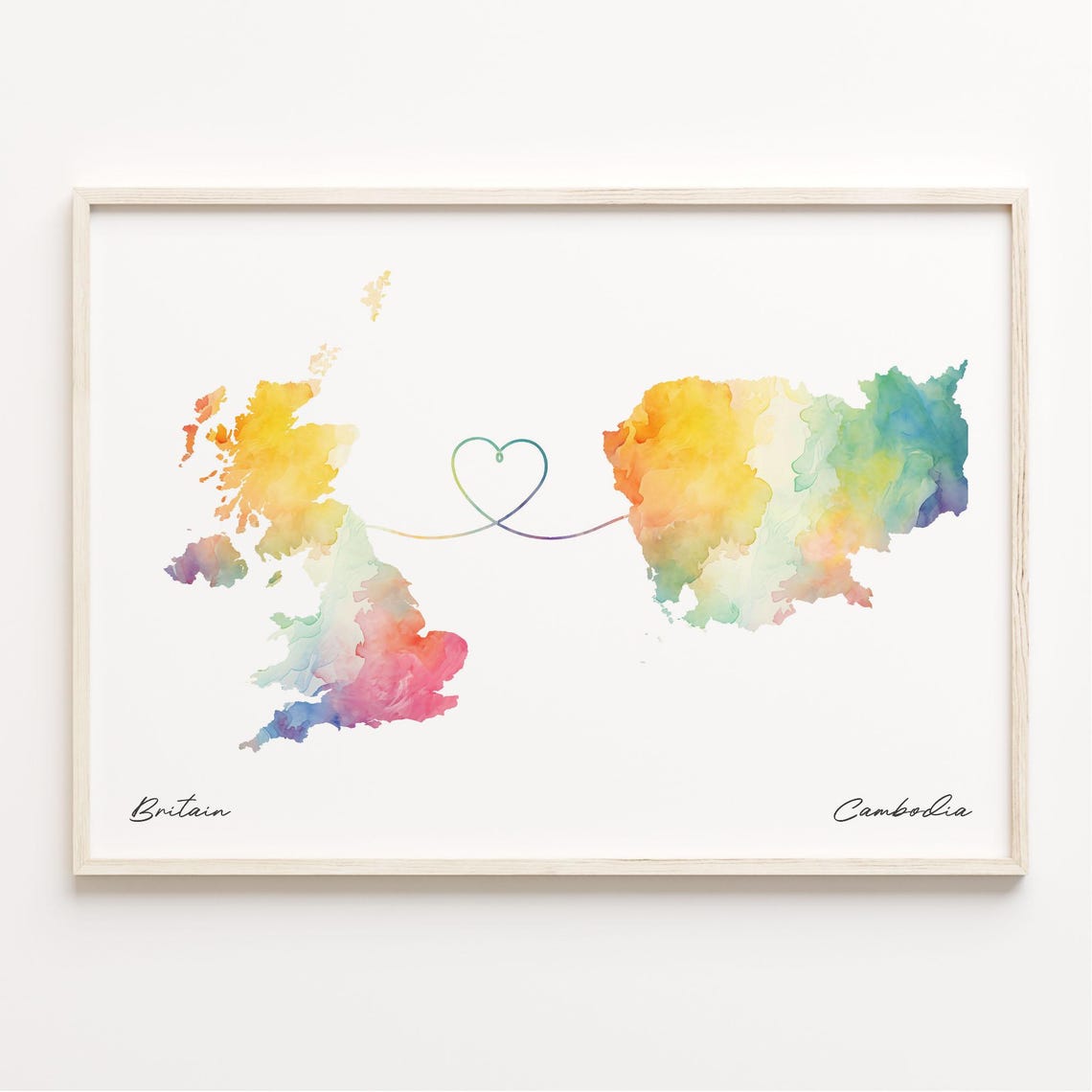 UK to Cambodia Watercolor Heart Connection Long Distance Gift Poster