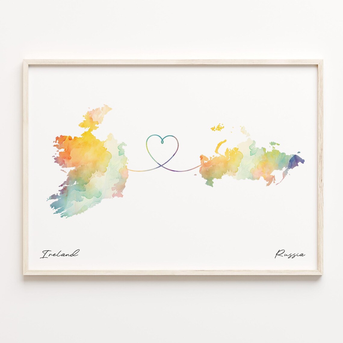 Ireland To Russia Watercolor Countries Heart Map Connection Art Print