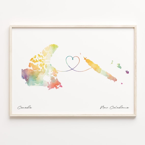 Canada To New Caledonia Watercolor Map Heart Connection Poster
