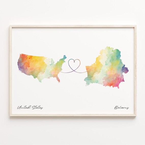 United States Belarus Watercolor Map Heart Connection Wall Art