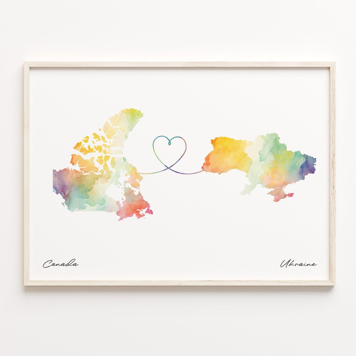 Canada To Ukraine Watercolor Heart Map Travel Keepsake Poster