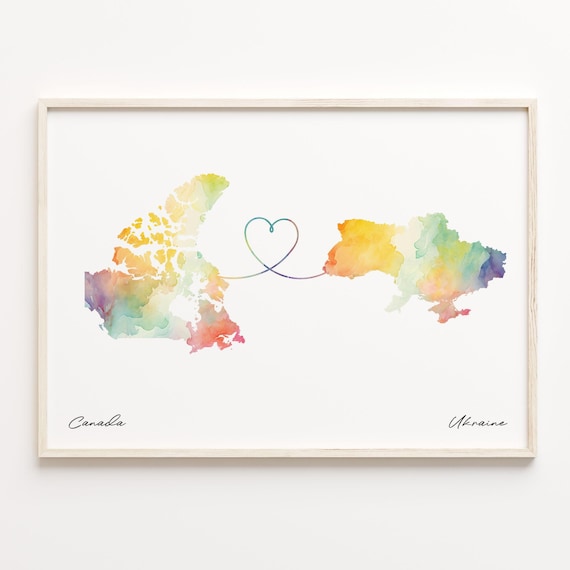 Canada To Ukraine Watercolor Heart Map Travel Keepsake Poster