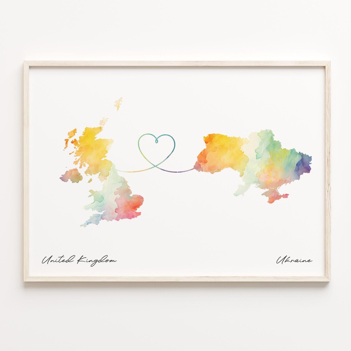 United Kingdom To Ukraine Watercolor Map Heart Love Gift Print