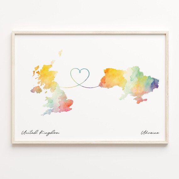 United Kingdom To Ukraine Watercolor Map Heart Love Gift Print