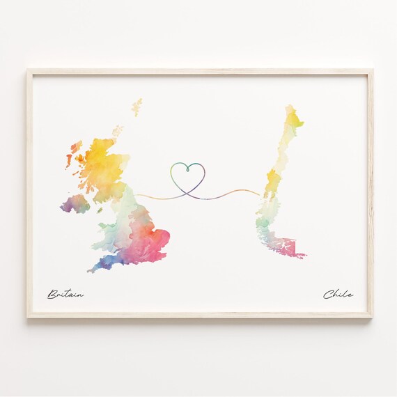 Britain to Chile Watercolor Map with Heart Connection Line Art Print