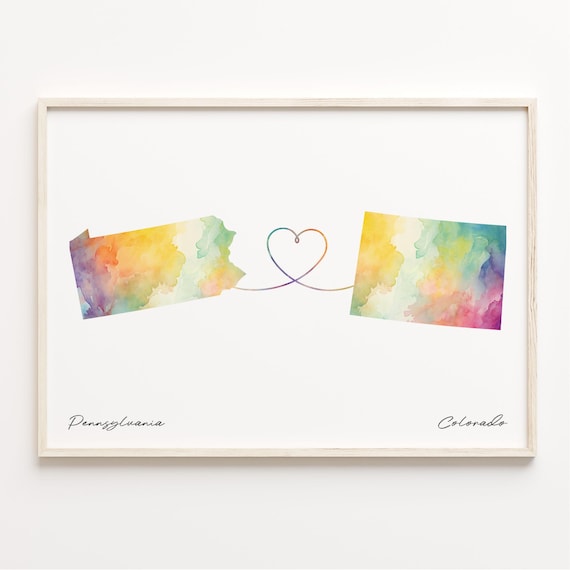 Pennsylvania Colorado Watercolor Map Heart Long Distance Poster