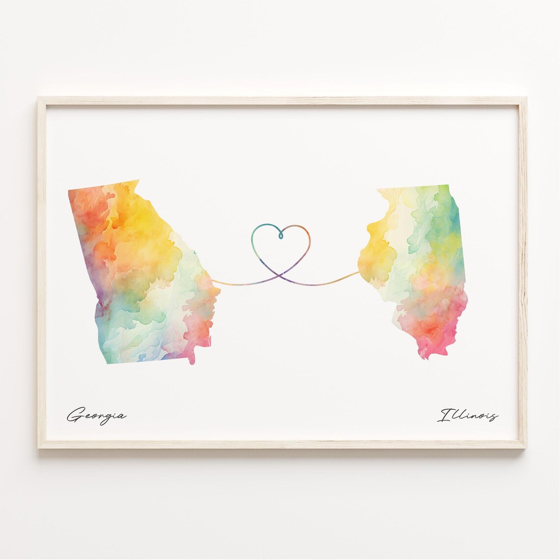 Georgia to Illinois Watercolor Heart Map Long Distance Love Print