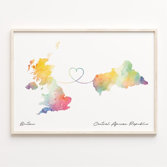 Britain To Central African Republic Watercolor Map Heart Print