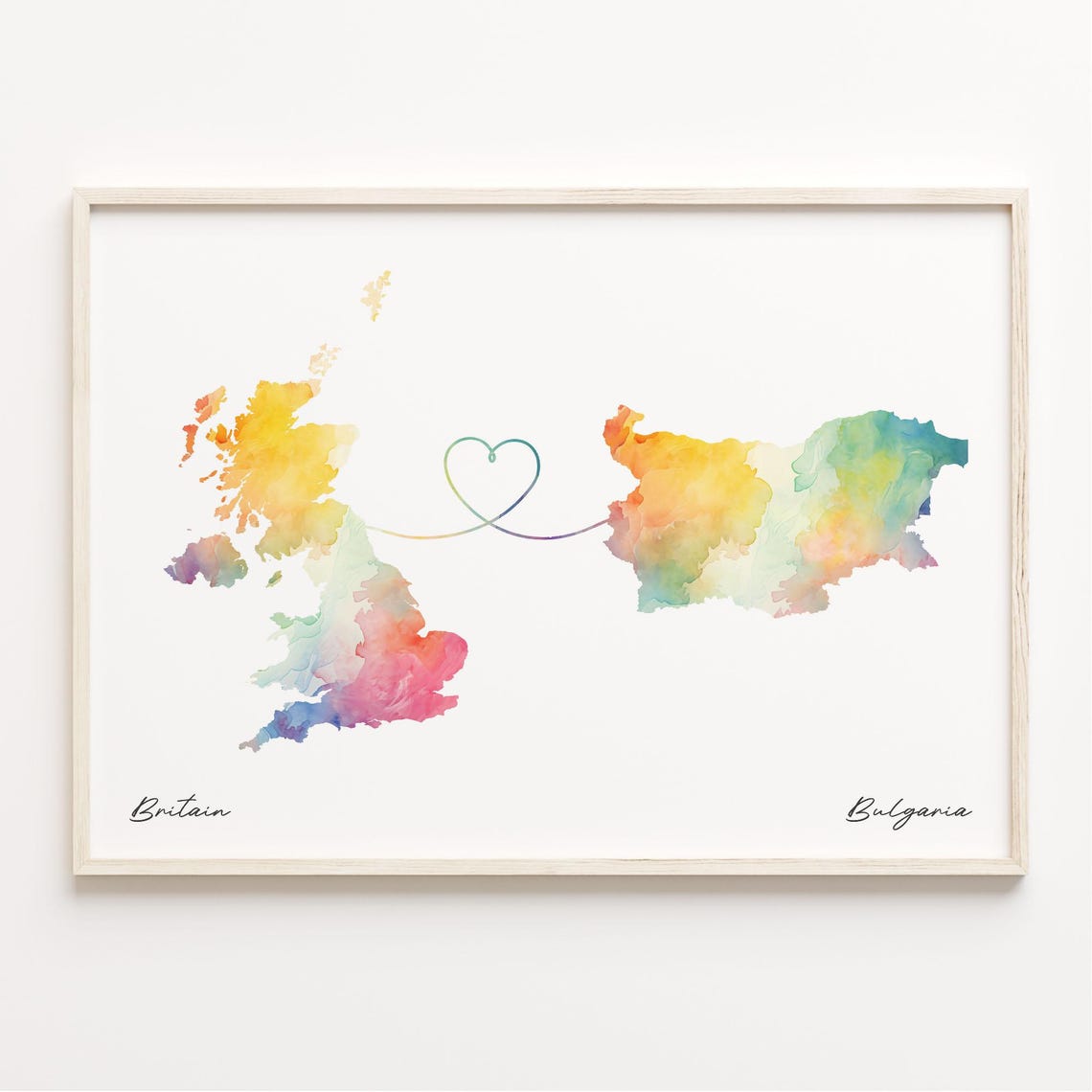 Britain to Bulgaria Watercolor Heart Map Romantic Love Print