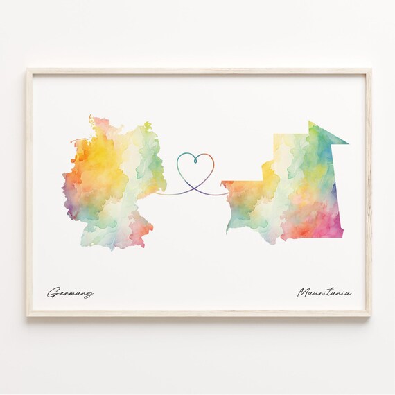 Germany to Mauritania Watercolor Heart Map Long Distance Poster