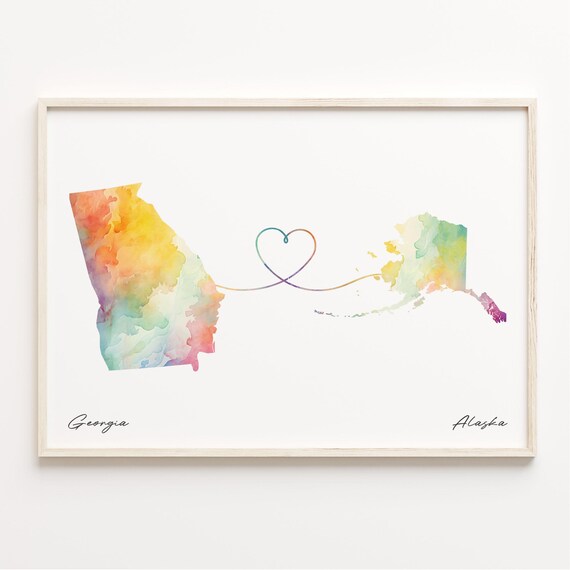 Georgia To Alaska Watercolor Heart Map Long Distance Love Poster